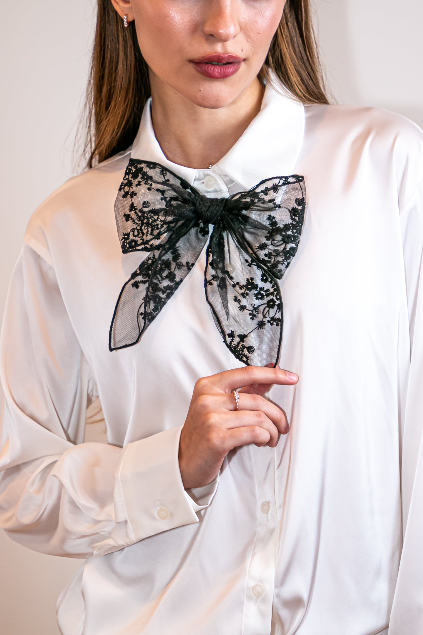 Shirt, Silky Ivory, Black Lace Bow