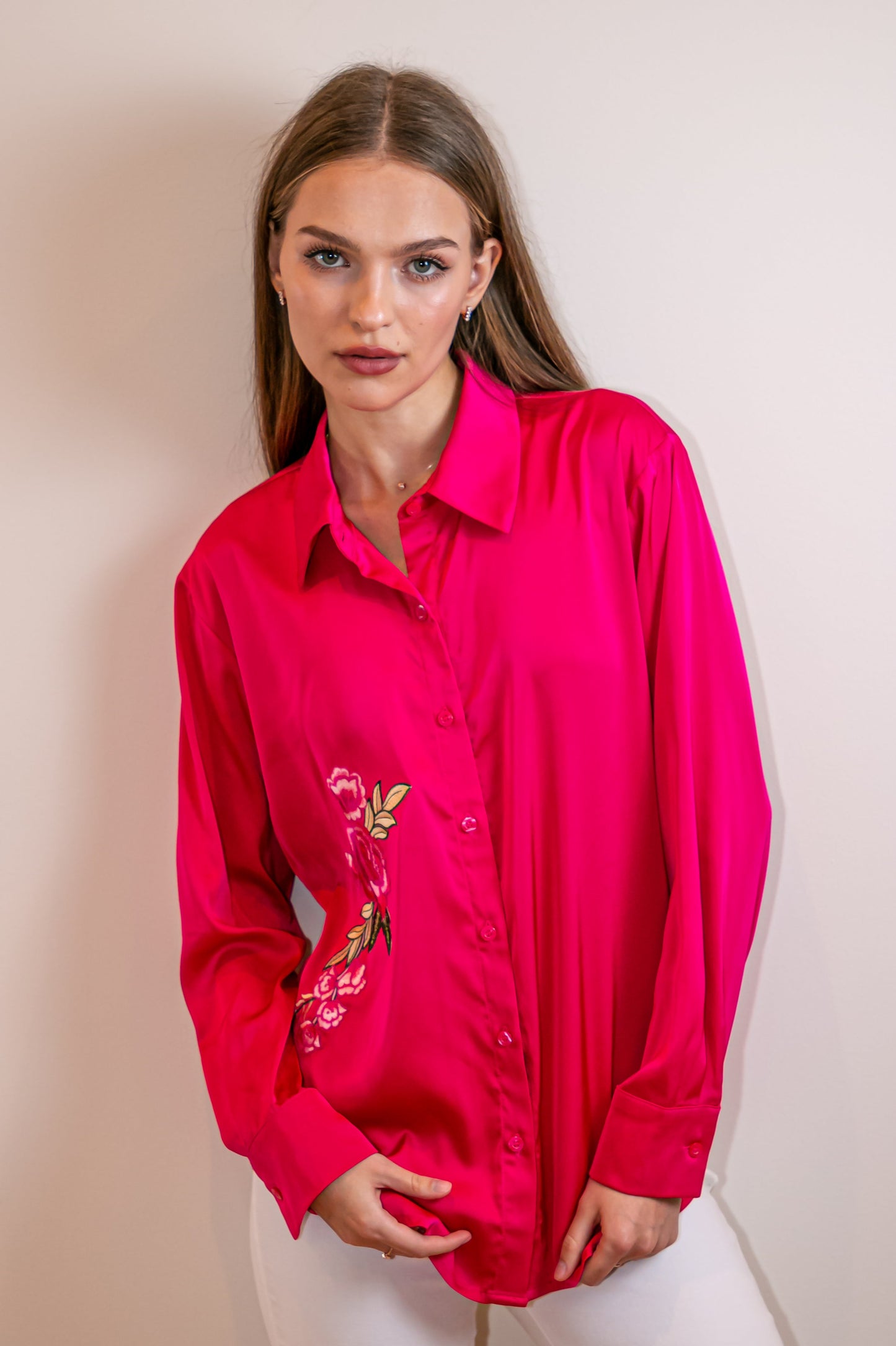 Shirt, Silky Pink, Pink Flowers