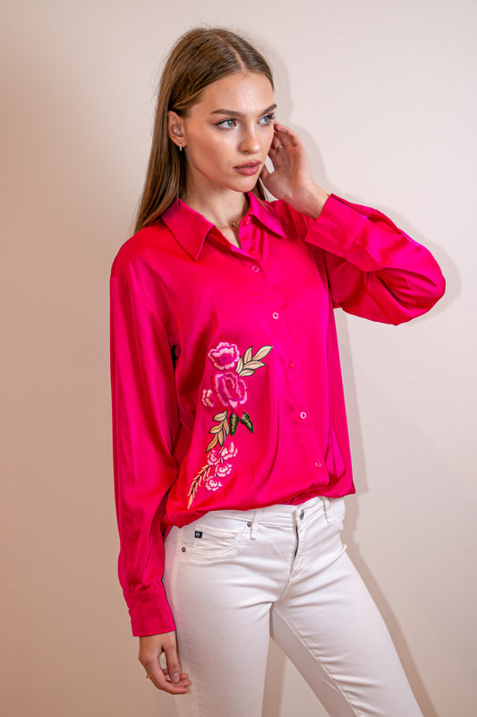 Shirt, Silky Pink, Pink Flowers