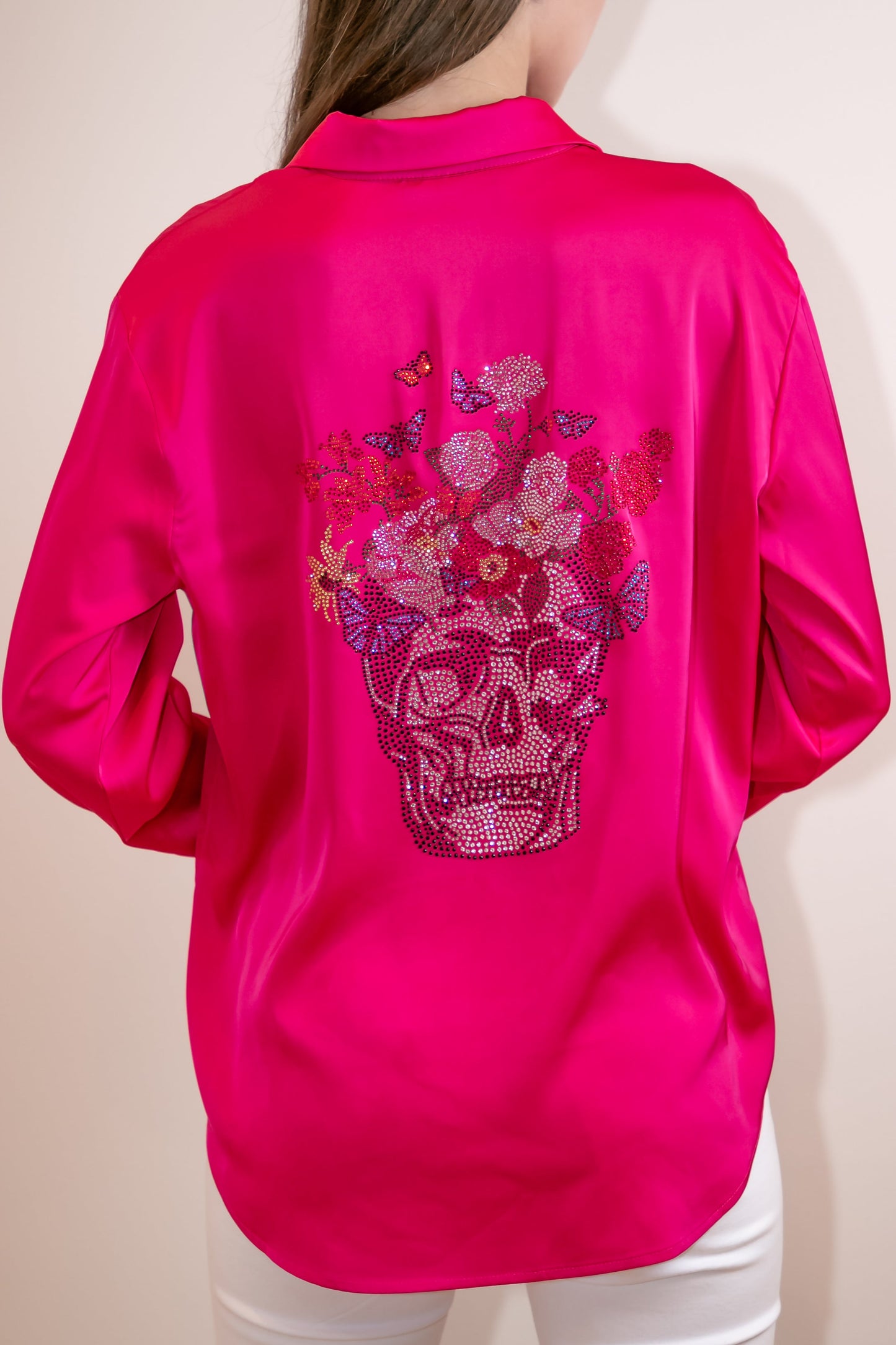 Shirt, Silky Pink, Skull Flowers