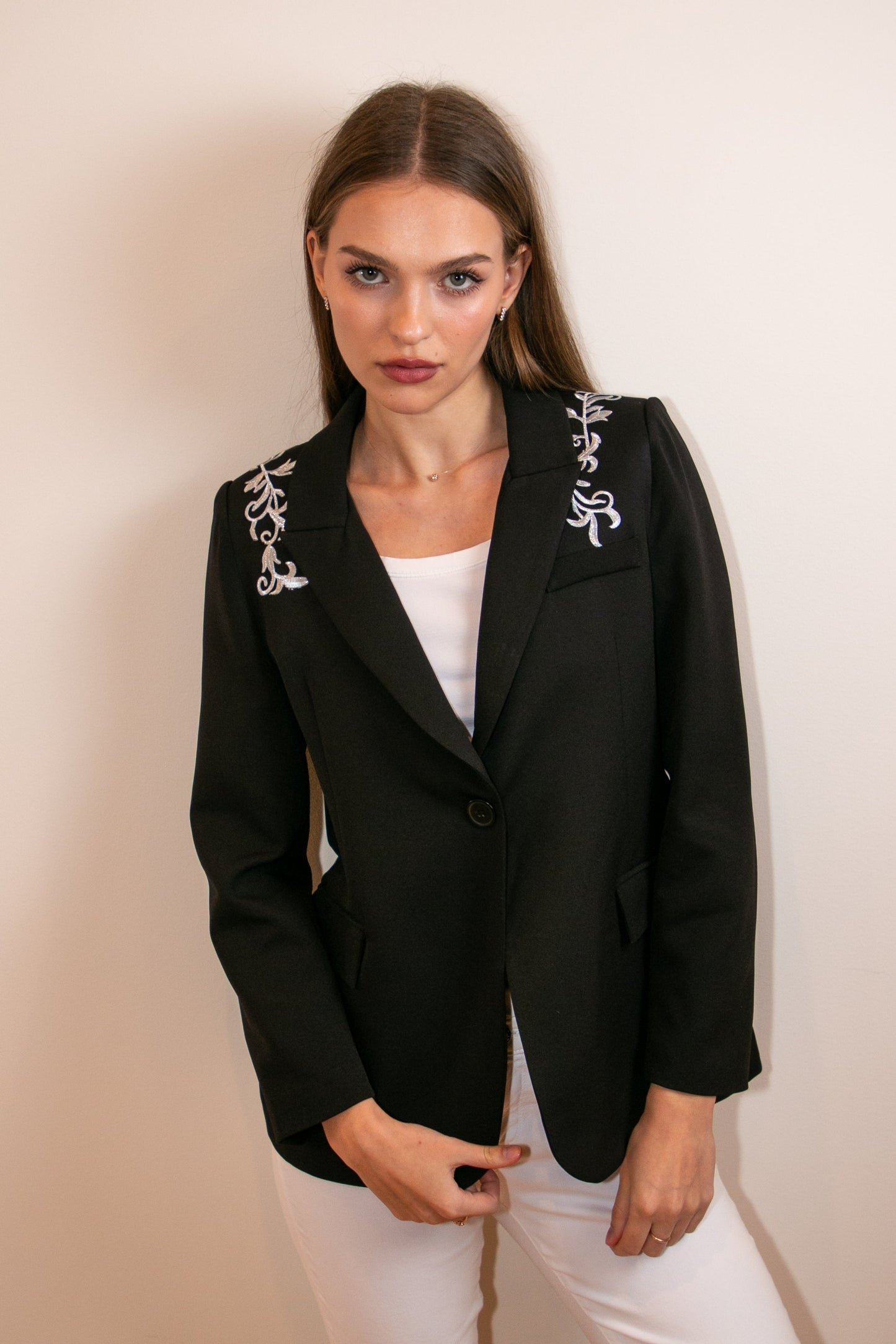 Blazer, Black w/ Pink Lining, Silver Lace Shoulders