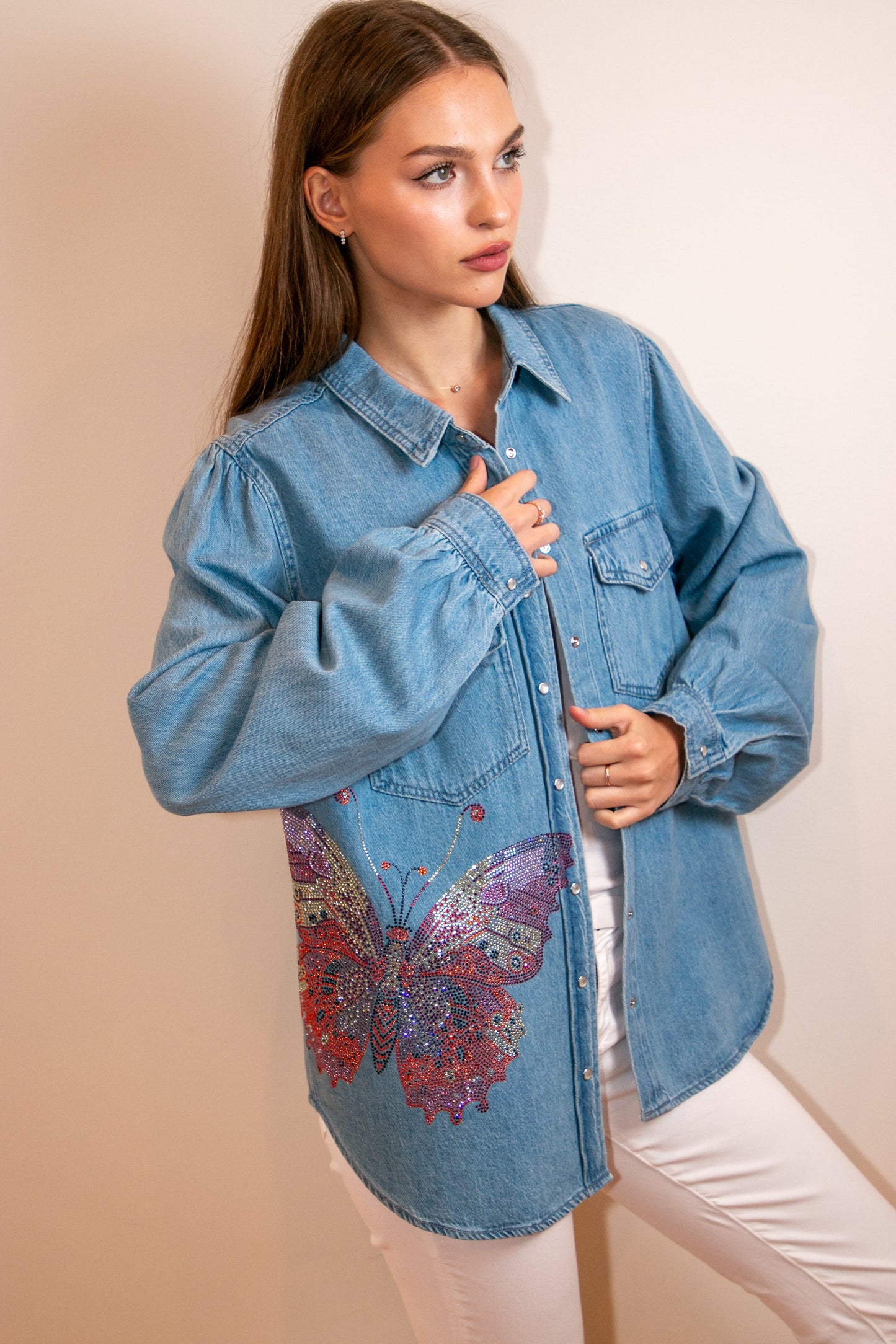 Shirt, Denim Shirred, Butterfly