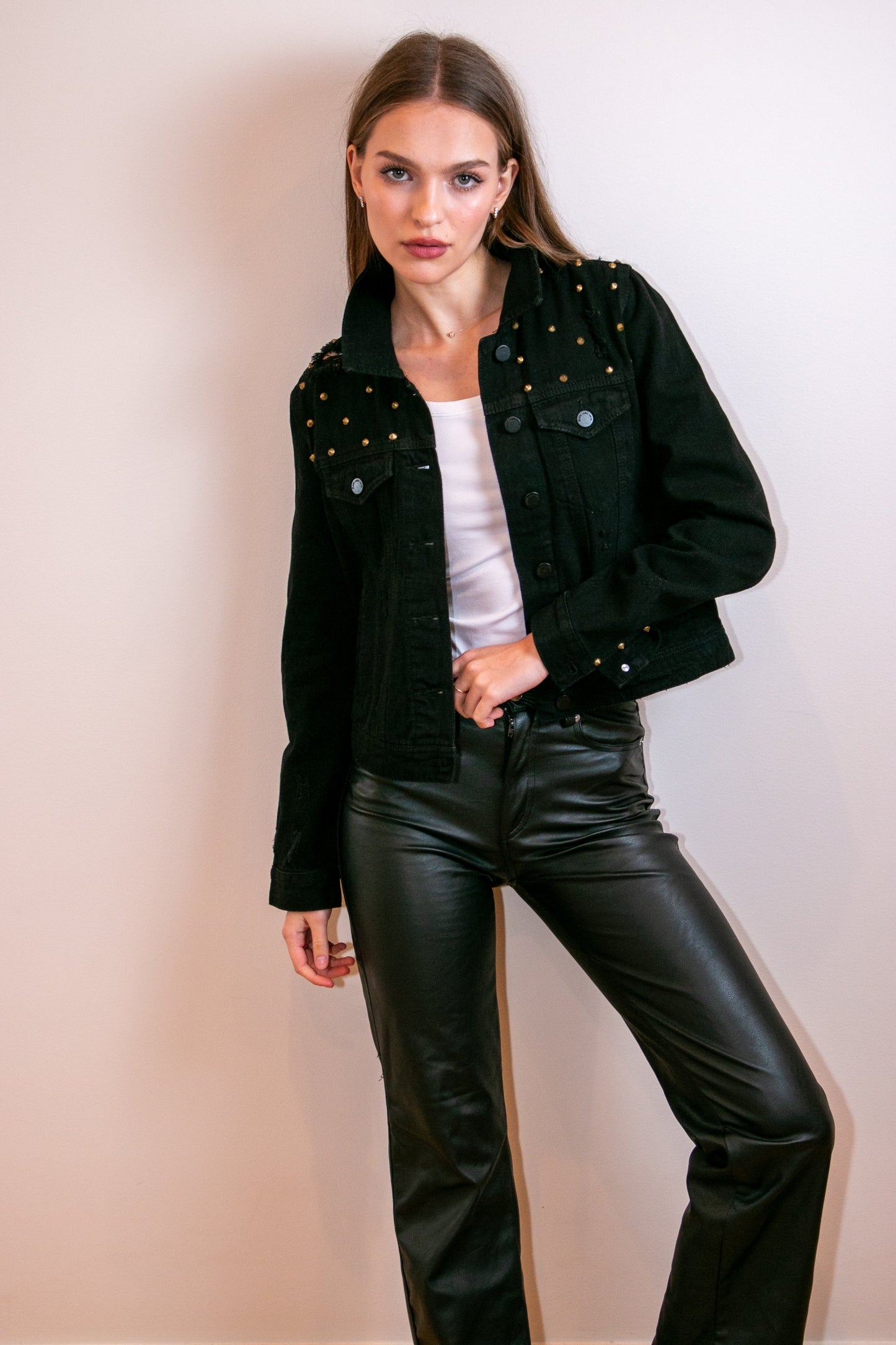 Jacket, Black Denim, Gold Stud Shoulders