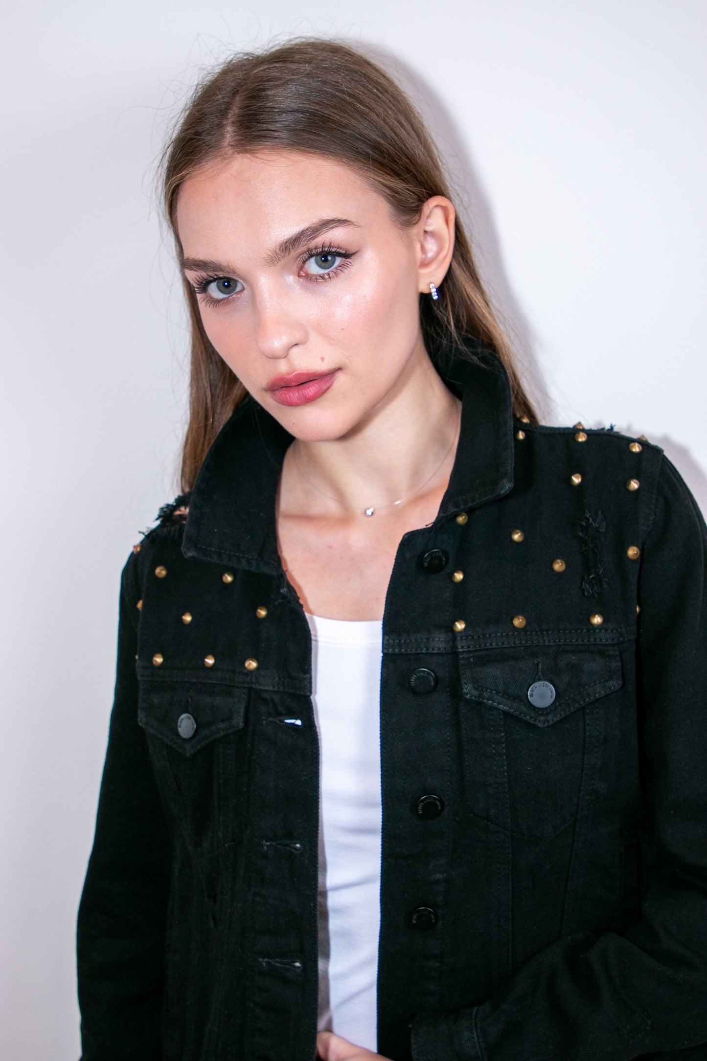 Jacket, Black Denim, Gold Stud Shoulders