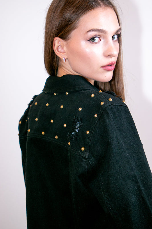 Jacket, Black Denim, Gold Stud Shoulders