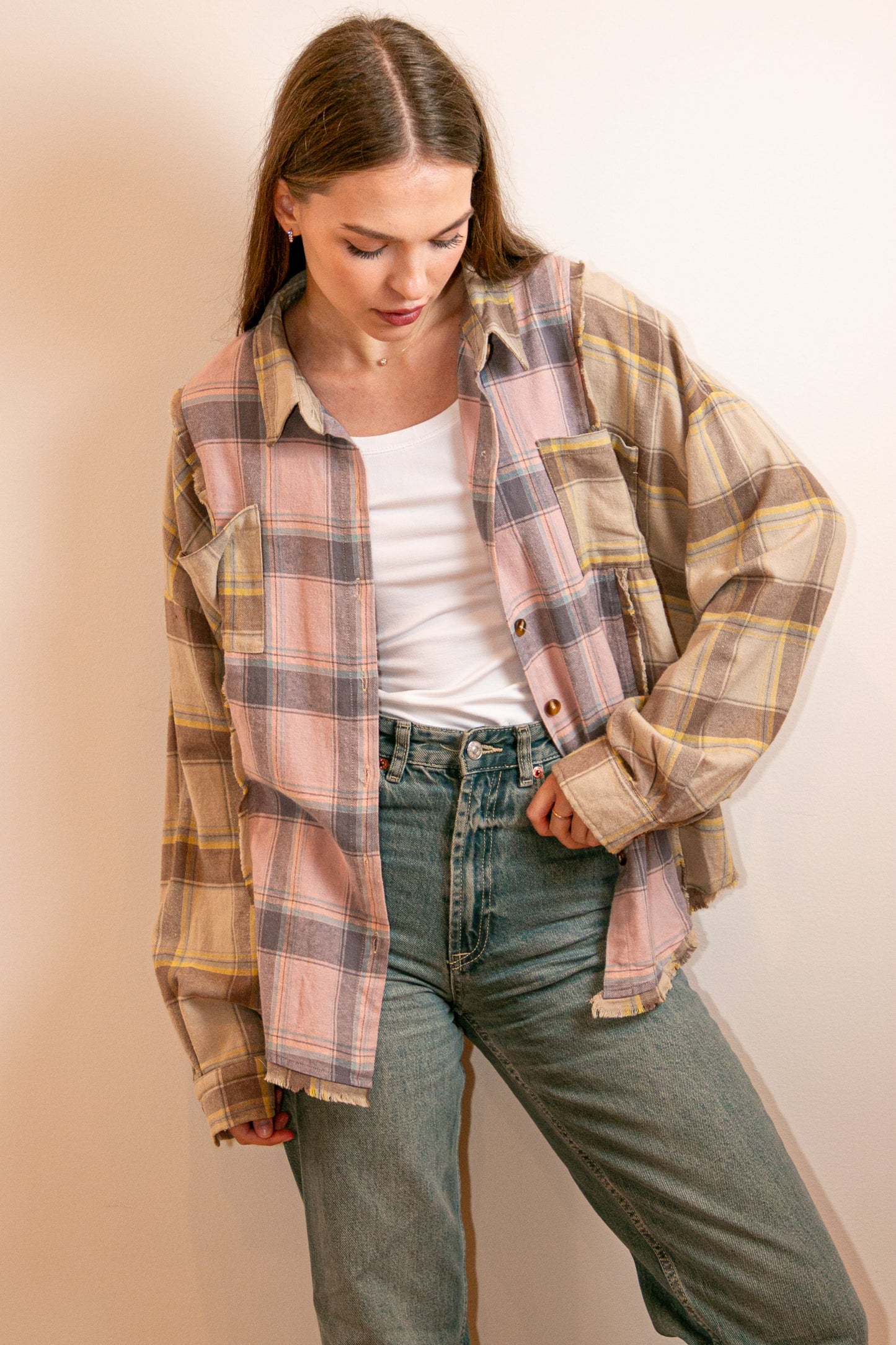 Shirt, Flannel Pink Plaid, Gold Crystal Love