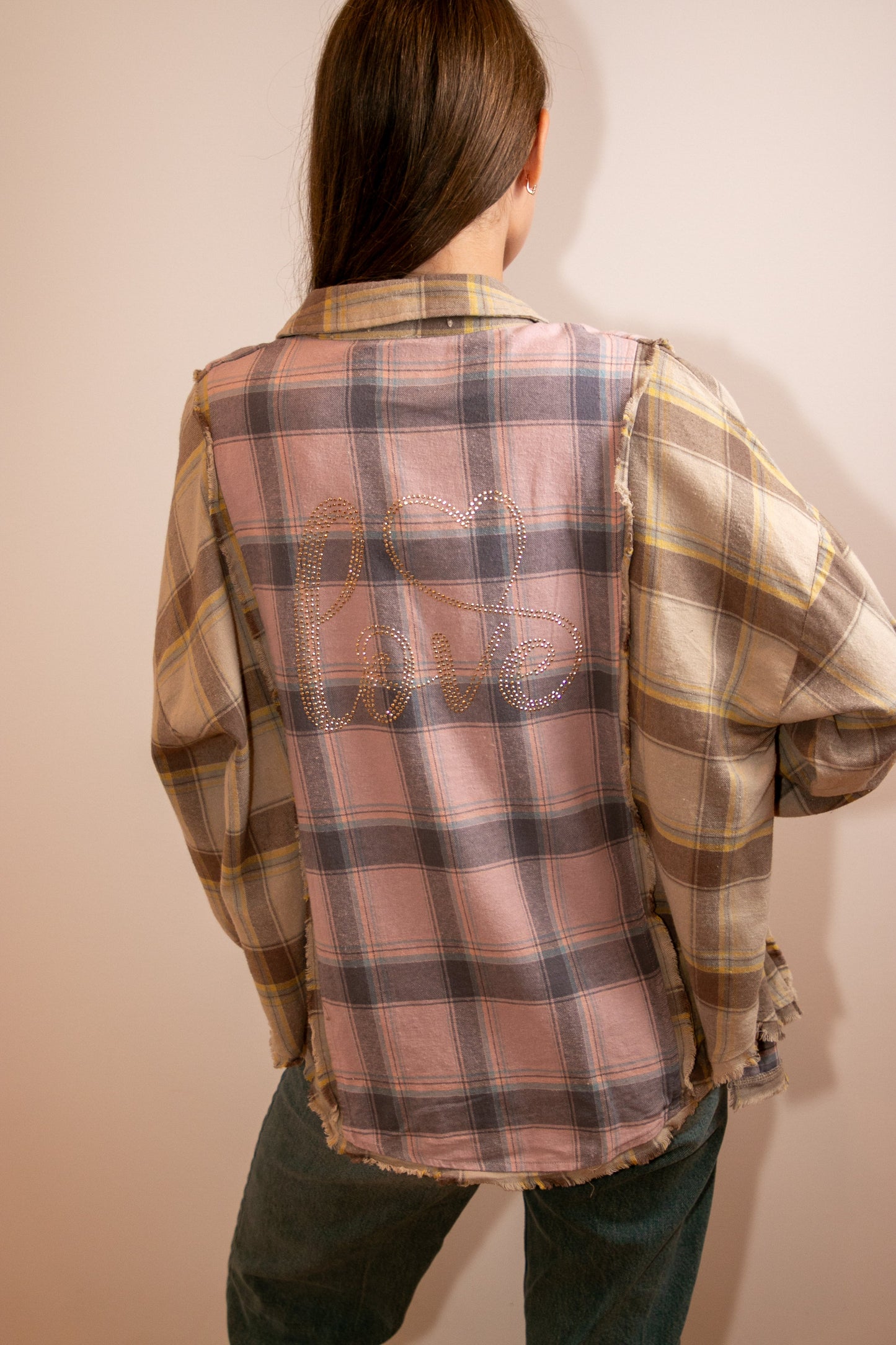 Shirt, Flannel Pink Plaid, Gold Crystal Love