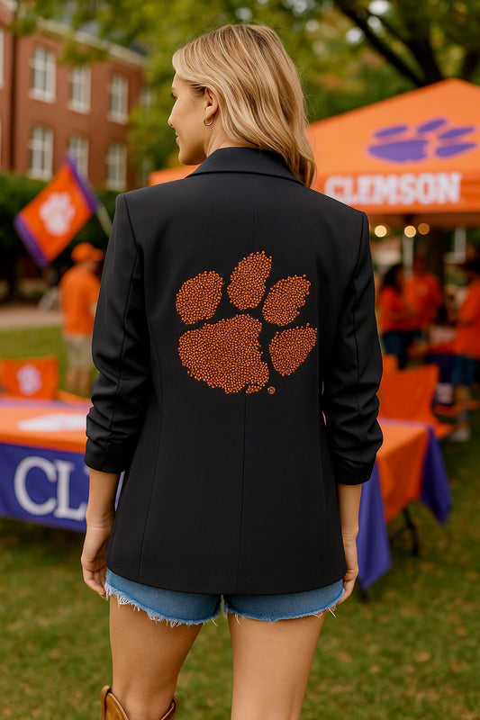 Game Day Blazer, Black Ruched, Clemson Orange Paw
