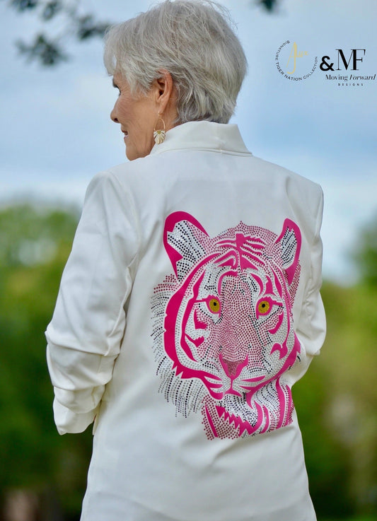 ROAR for a CURE Pink and Gold Tiger Face - Ruched White Blazer