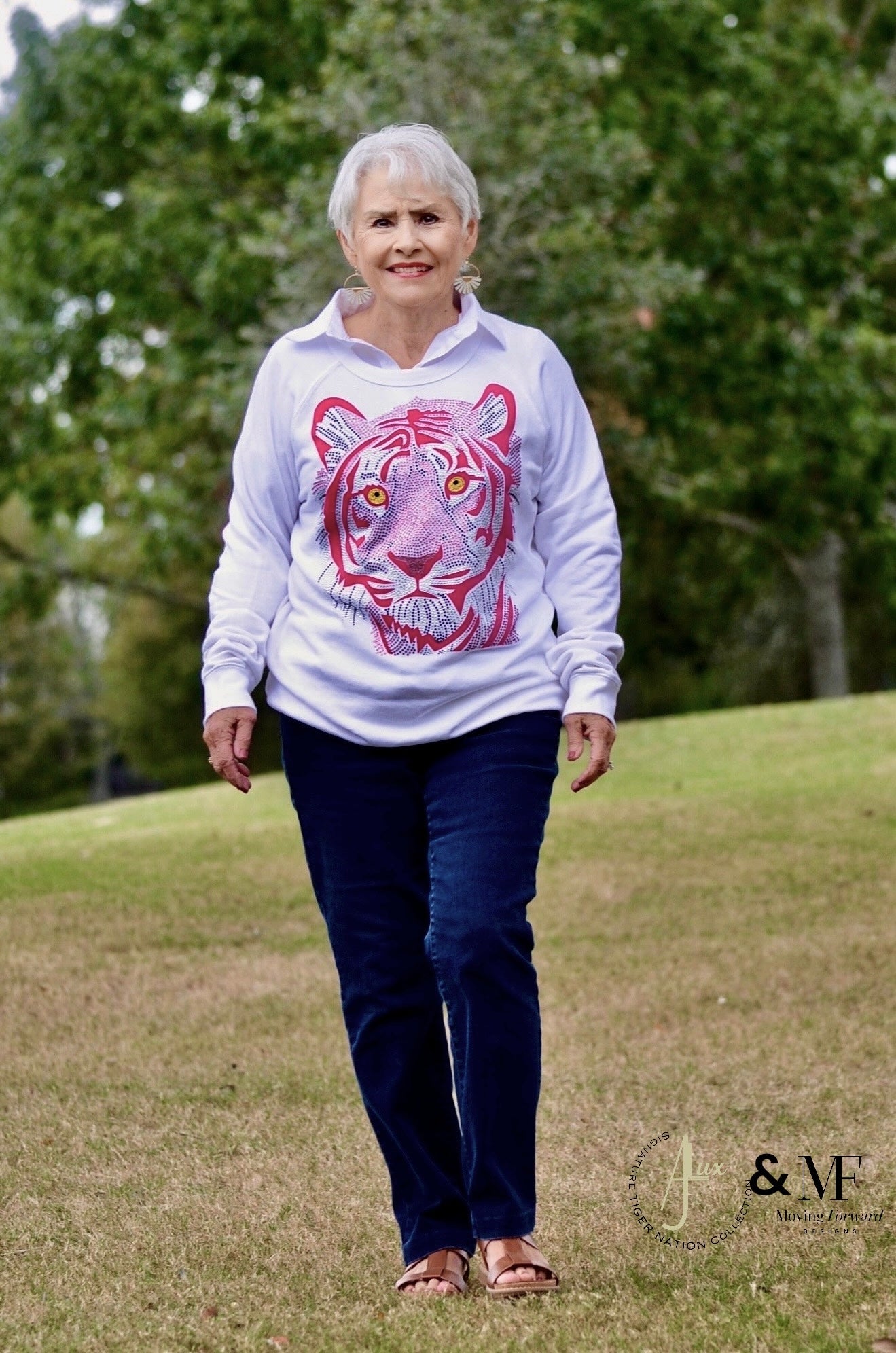 ROAR for a CURE - Pink and Gold Crystal Tiger Face White Sweatshirt