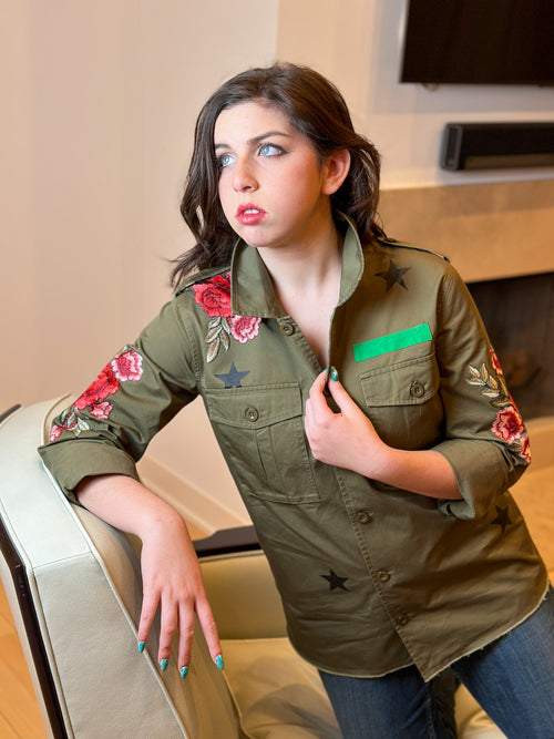 Pink Flowers Army Green Shacket