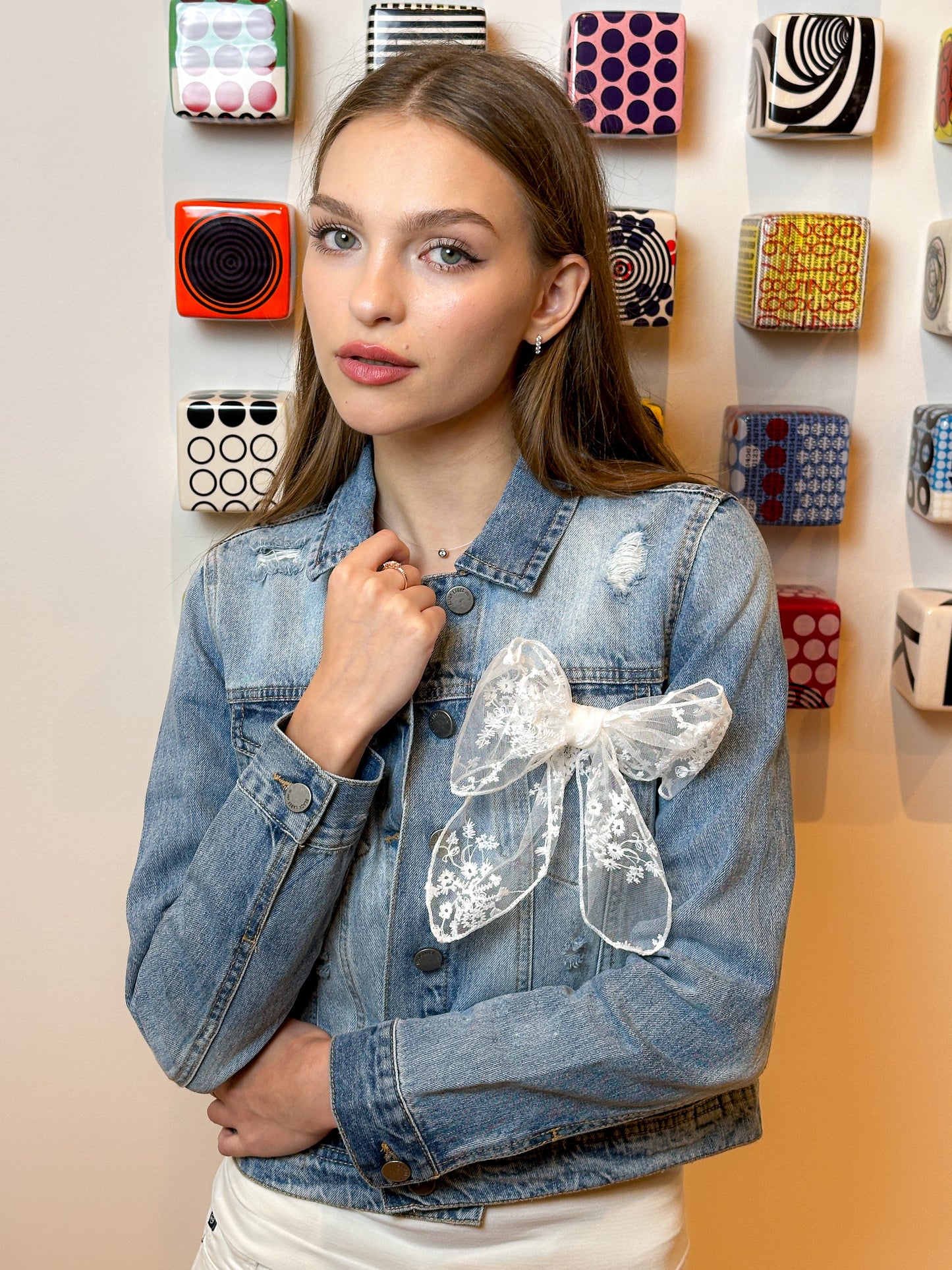 Jacket, Blue Denim, White Lace Bow