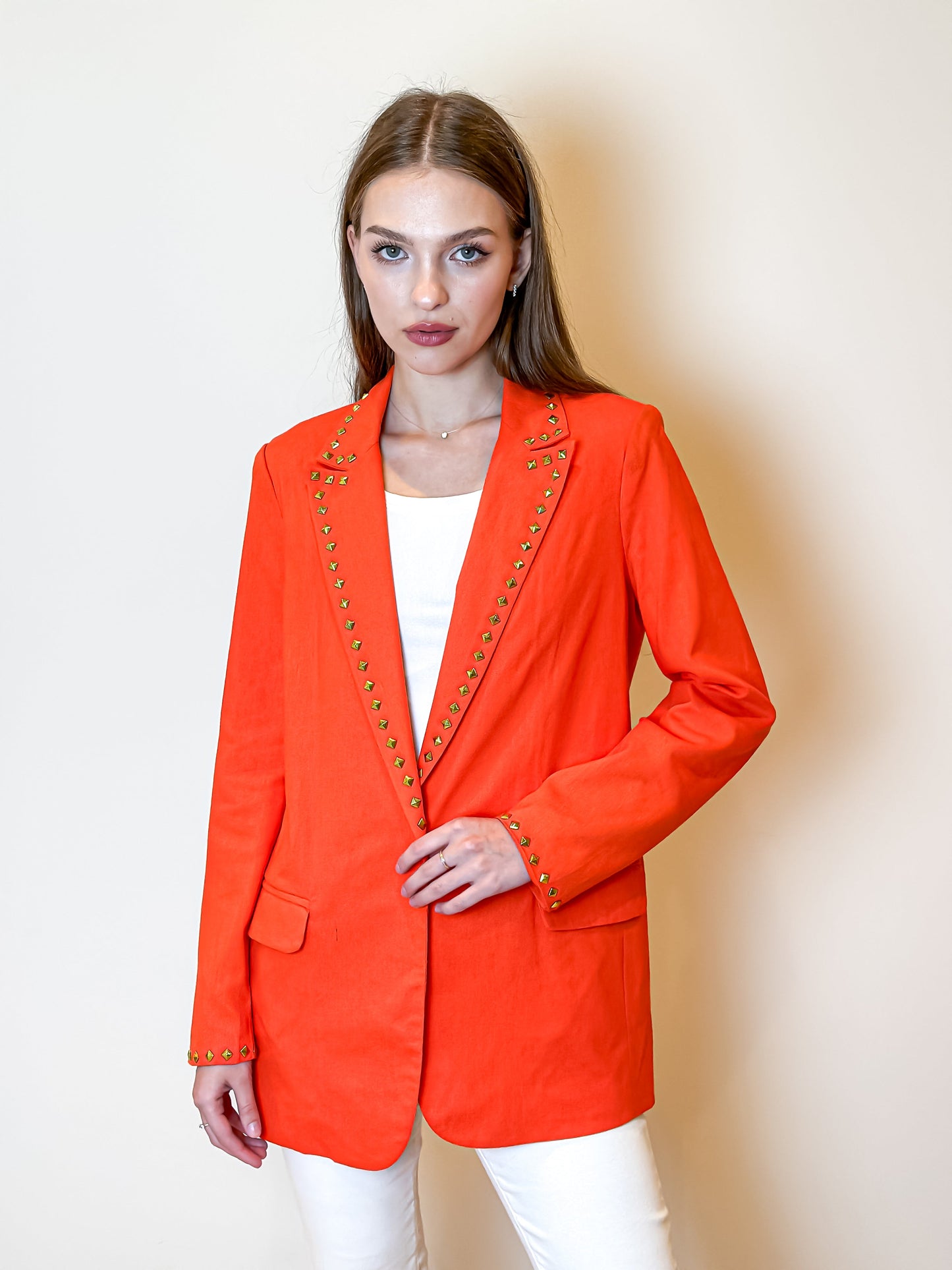 Blazer, Linen Orange, Gold Studs