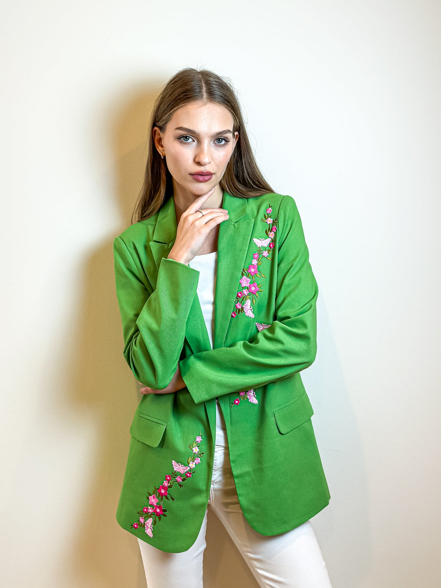 Blazer, Linen Green, Pink Flowers