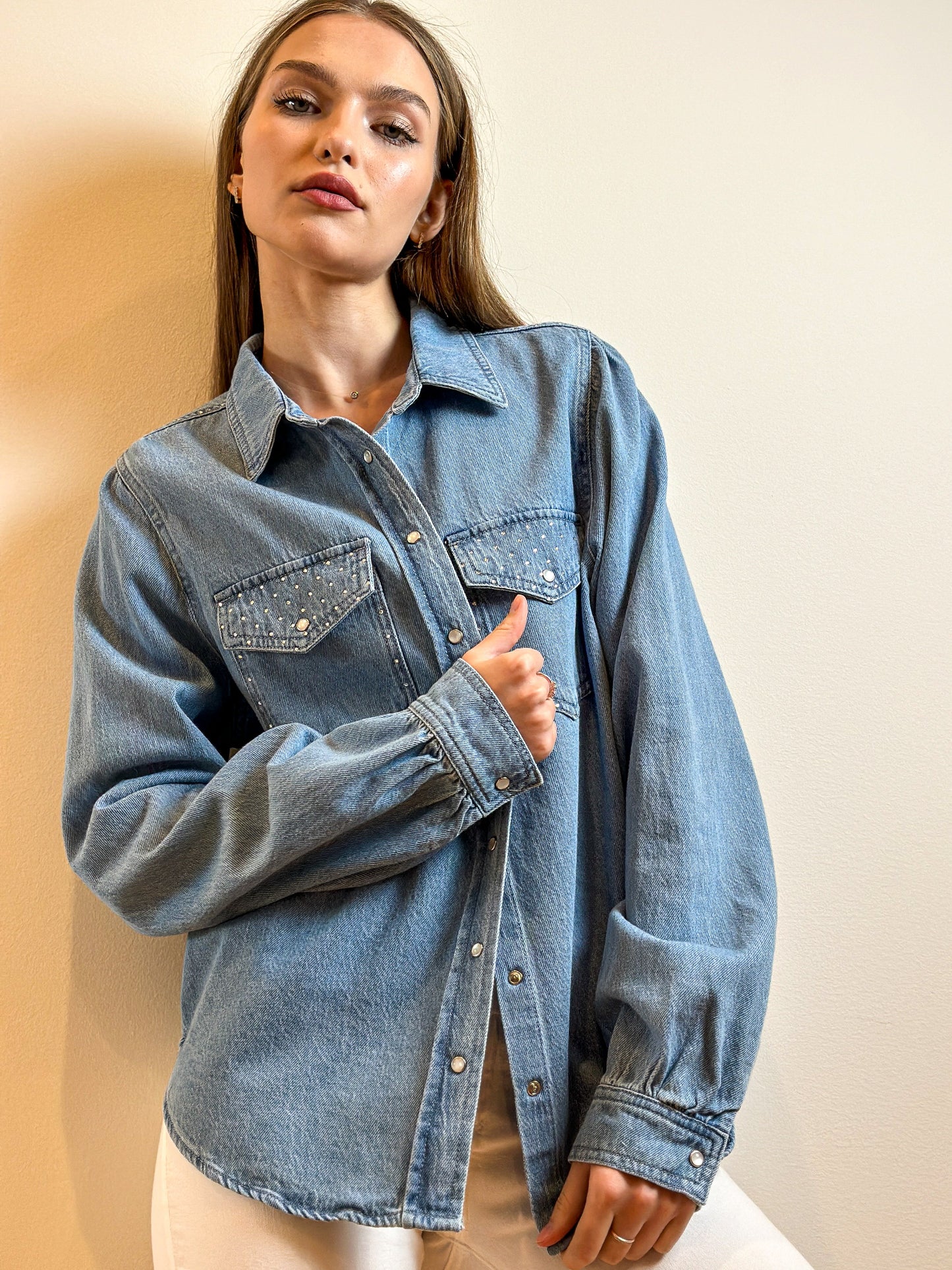 Shirt, Denim Shirred, Waterfall Pockets & Shoulder Line (