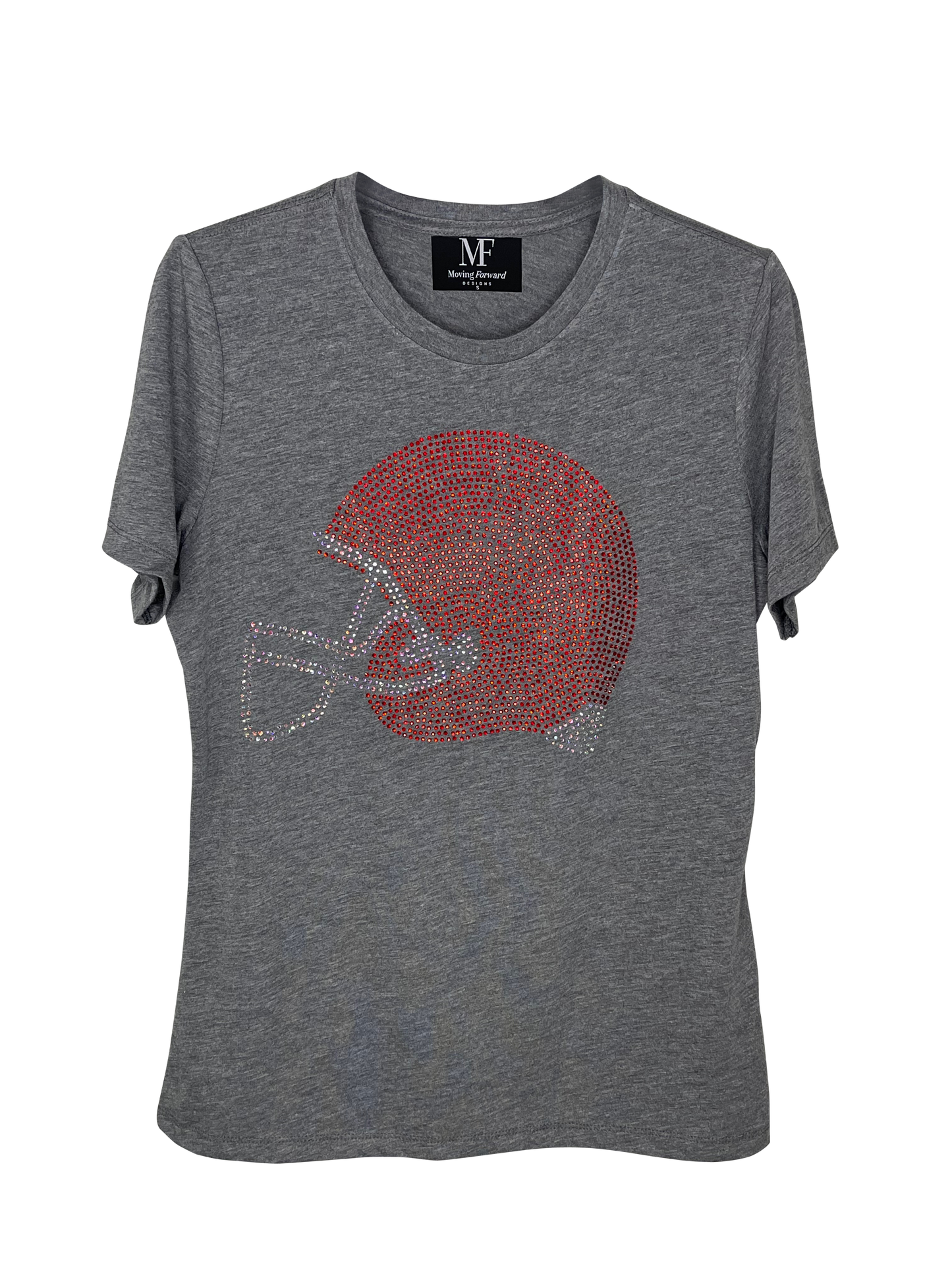 Game Day T-Shirt, Short Sleeve Gray, Red Crystal Football Helmet