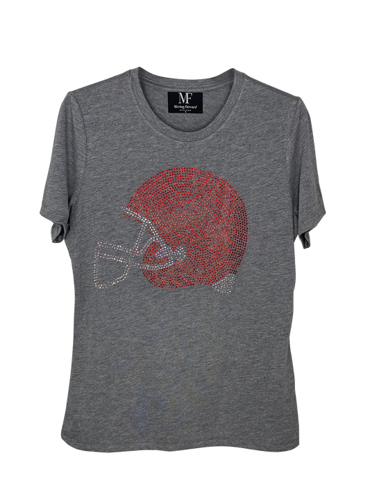 Game Day T-Shirt, Short Sleeve Gray, Red Crystal Football Helmet