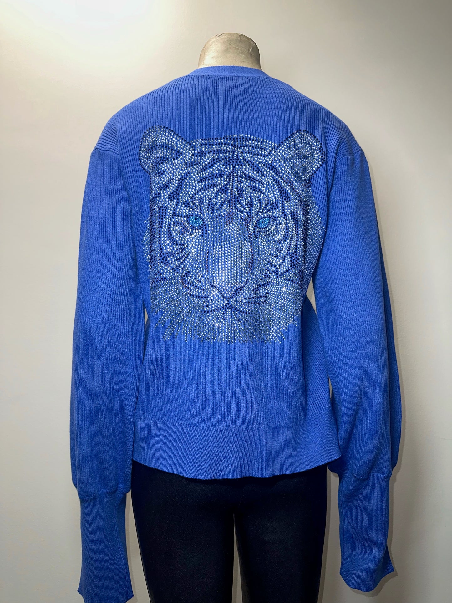 Cardigan Puff Blue Silver Tiger Face Sweater