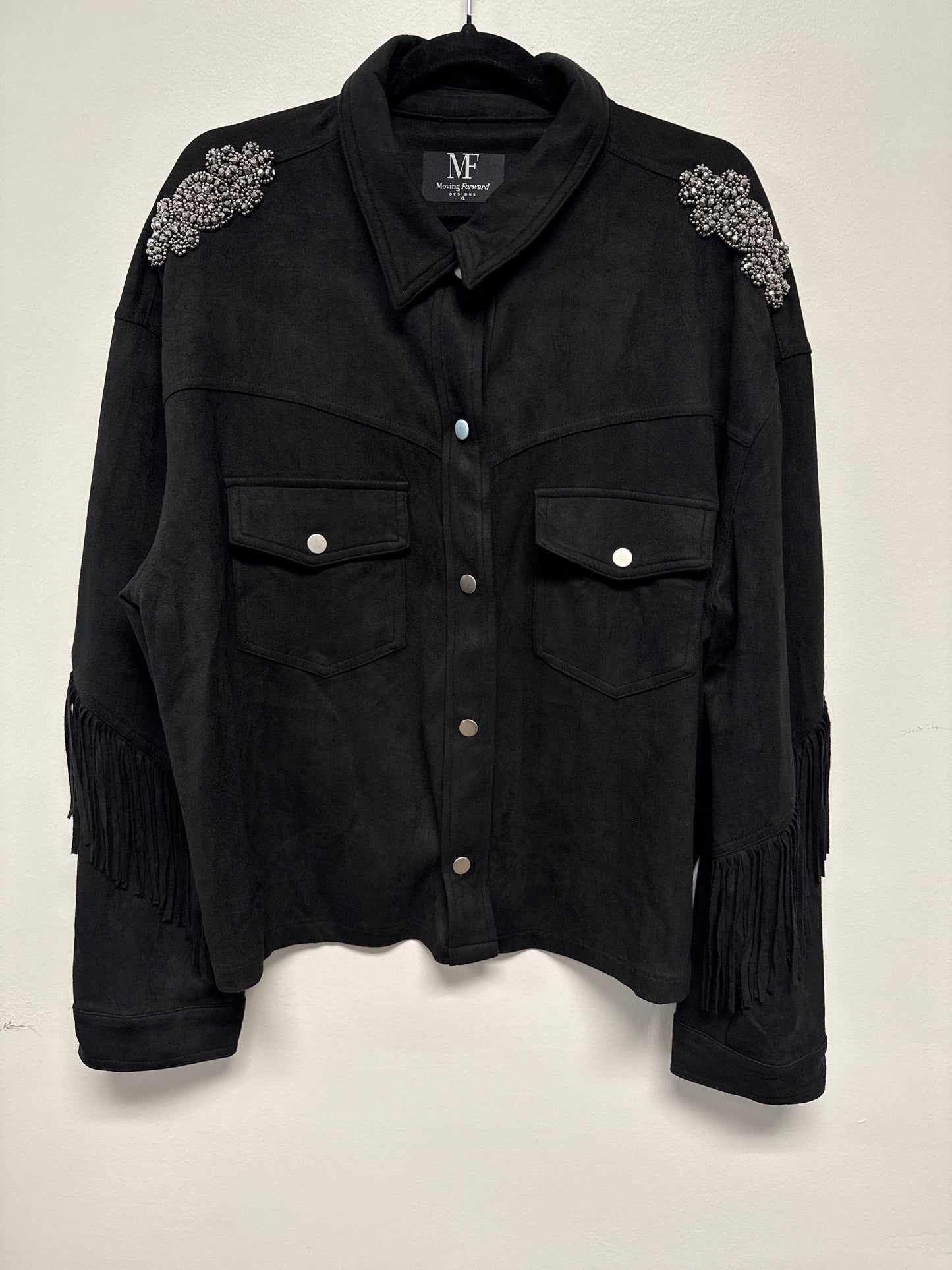 Jacket, Suede Fringe Black, Shoulder Medallions
