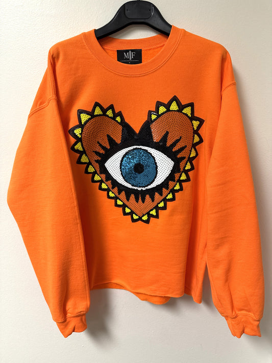 Sweatshirt, Crewneck Neon Orange, Sequin Orange Heart Eye