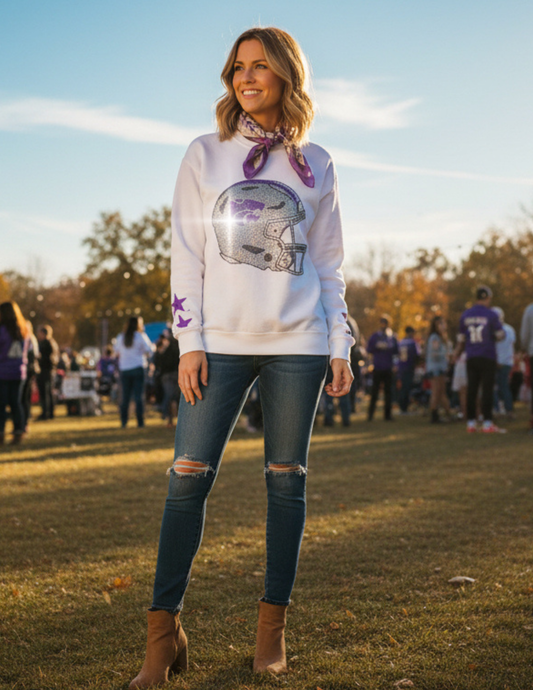 Game Day, White Sweatshirt, Kansas State Wildcats Helmet & Stars