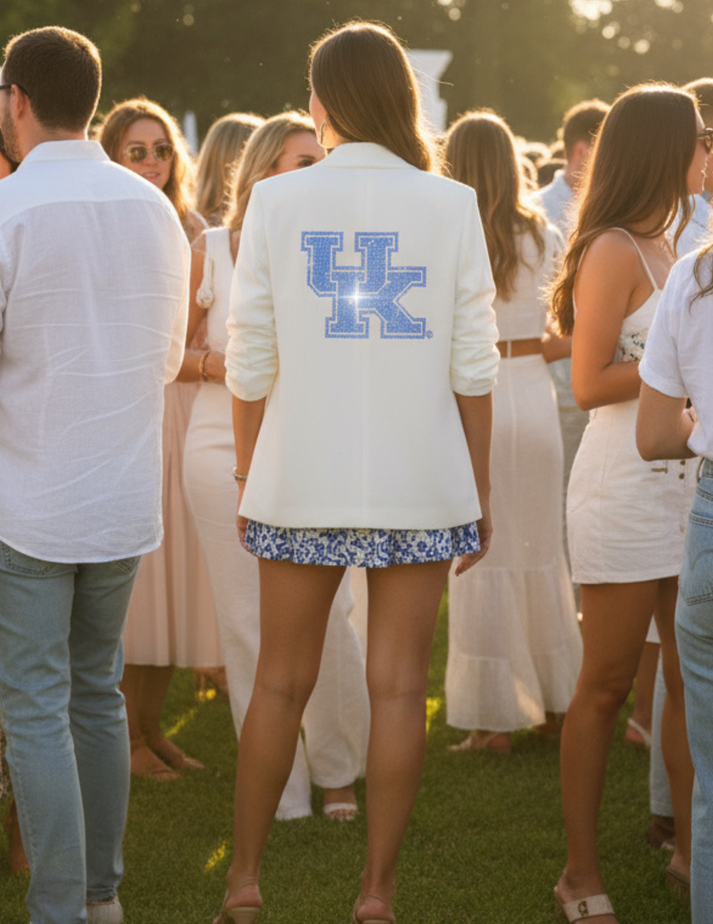 University of Kentucky Blue Interlocking UK White Ruched Sleeve Blazer