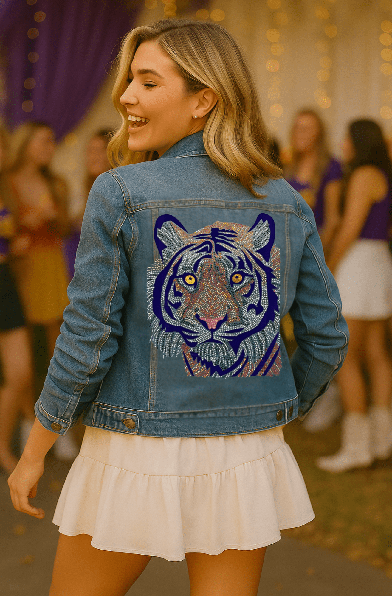 Denim Jacket, Medium Wash Blue, Purple Tiger Face