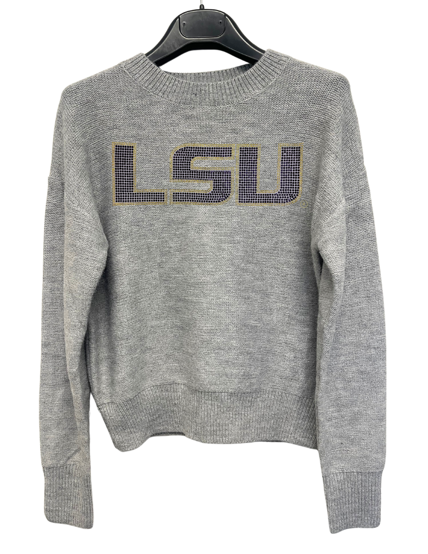 LSU Crystal Block Letters Gray Crewneck Sweater