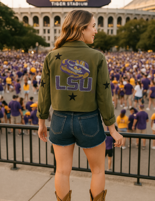 LSU Crystal Tiger Eye Army Green Shacket