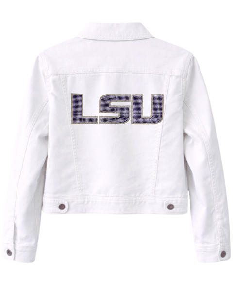 LSU Crystal Block Letters White Denim Jacket