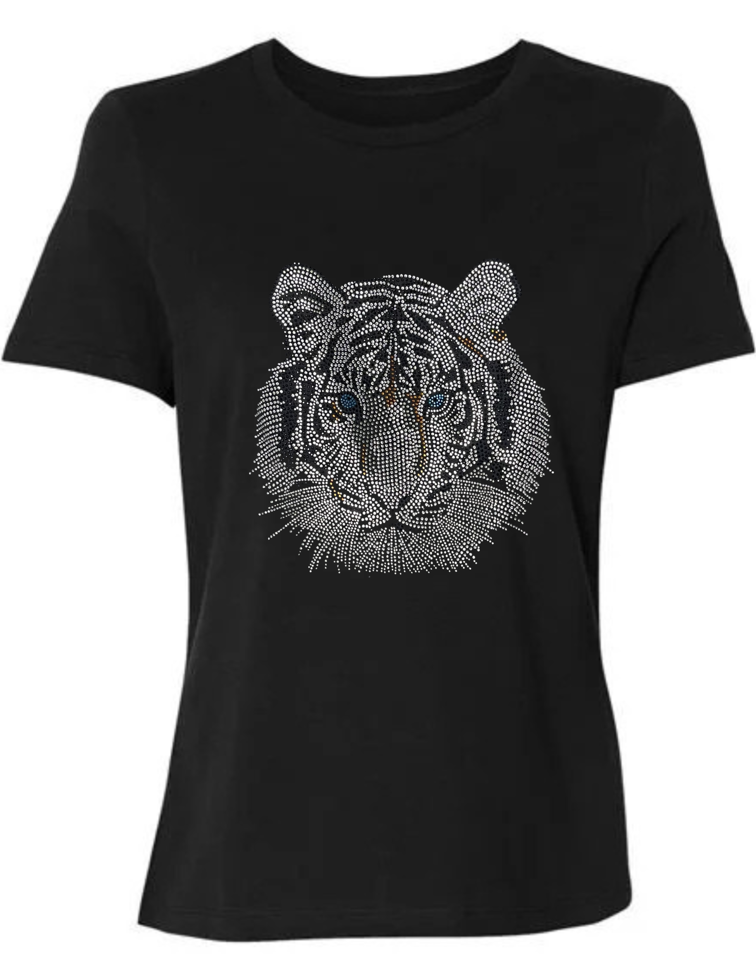 Silver Tiger Face Crewneck Black Short Sleeve T-Shirt