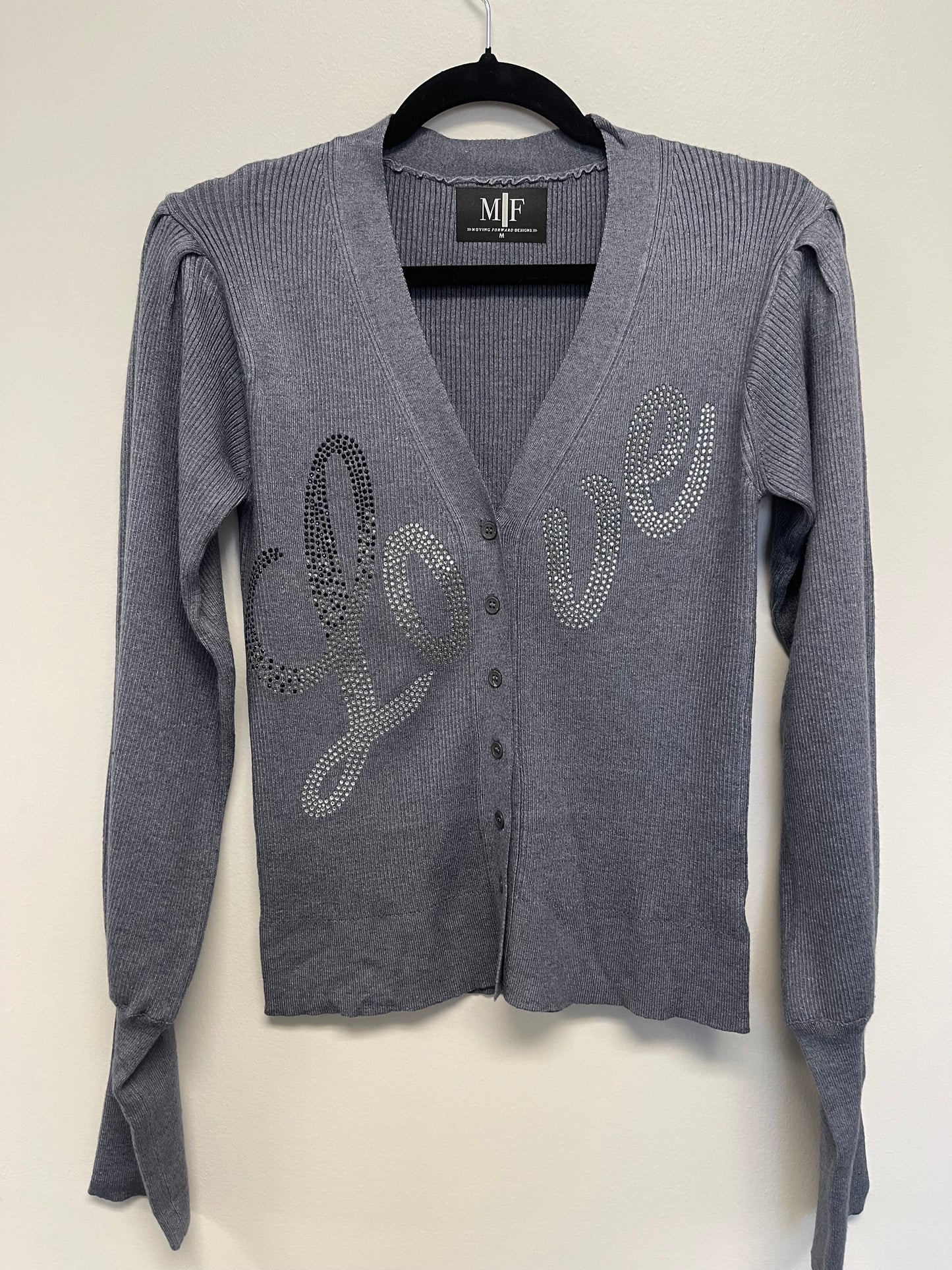 Love Script Gray Puff Cardigan Sweater