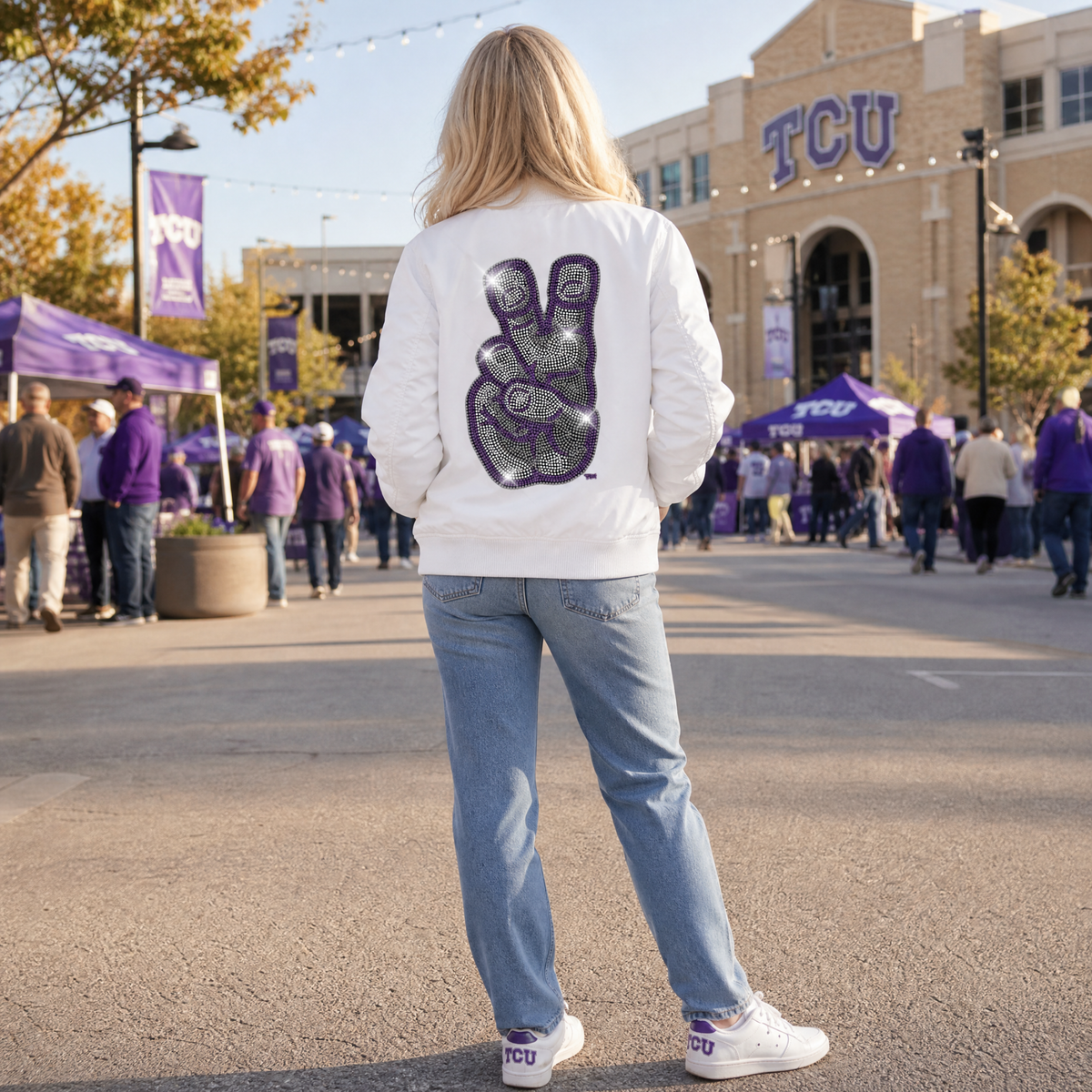 TCU Frog Horns Hand Sign Logo White Bomber Jacket