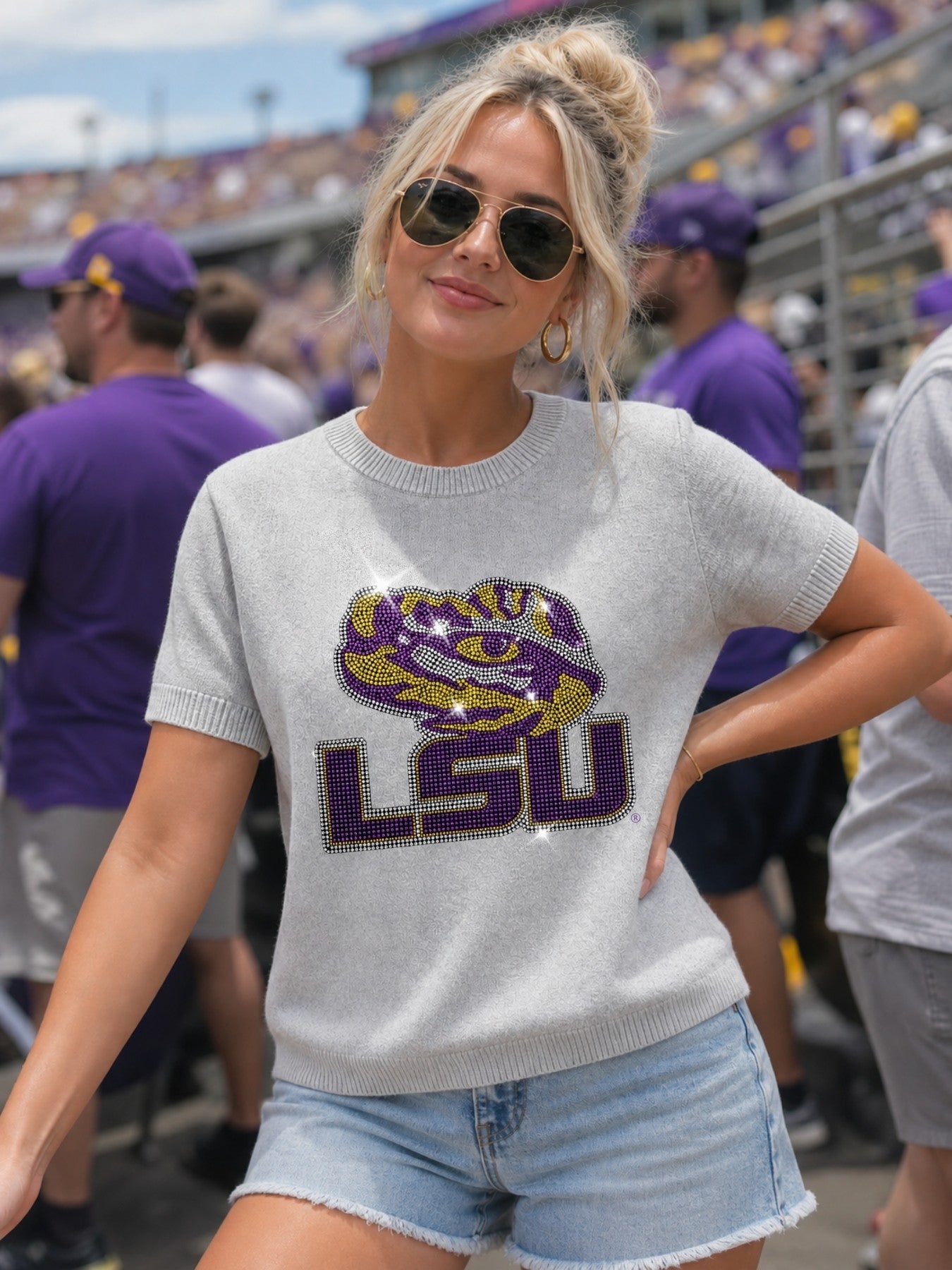 LSU Tiger Eye Grey Crewneck Short Sleeve Sweater