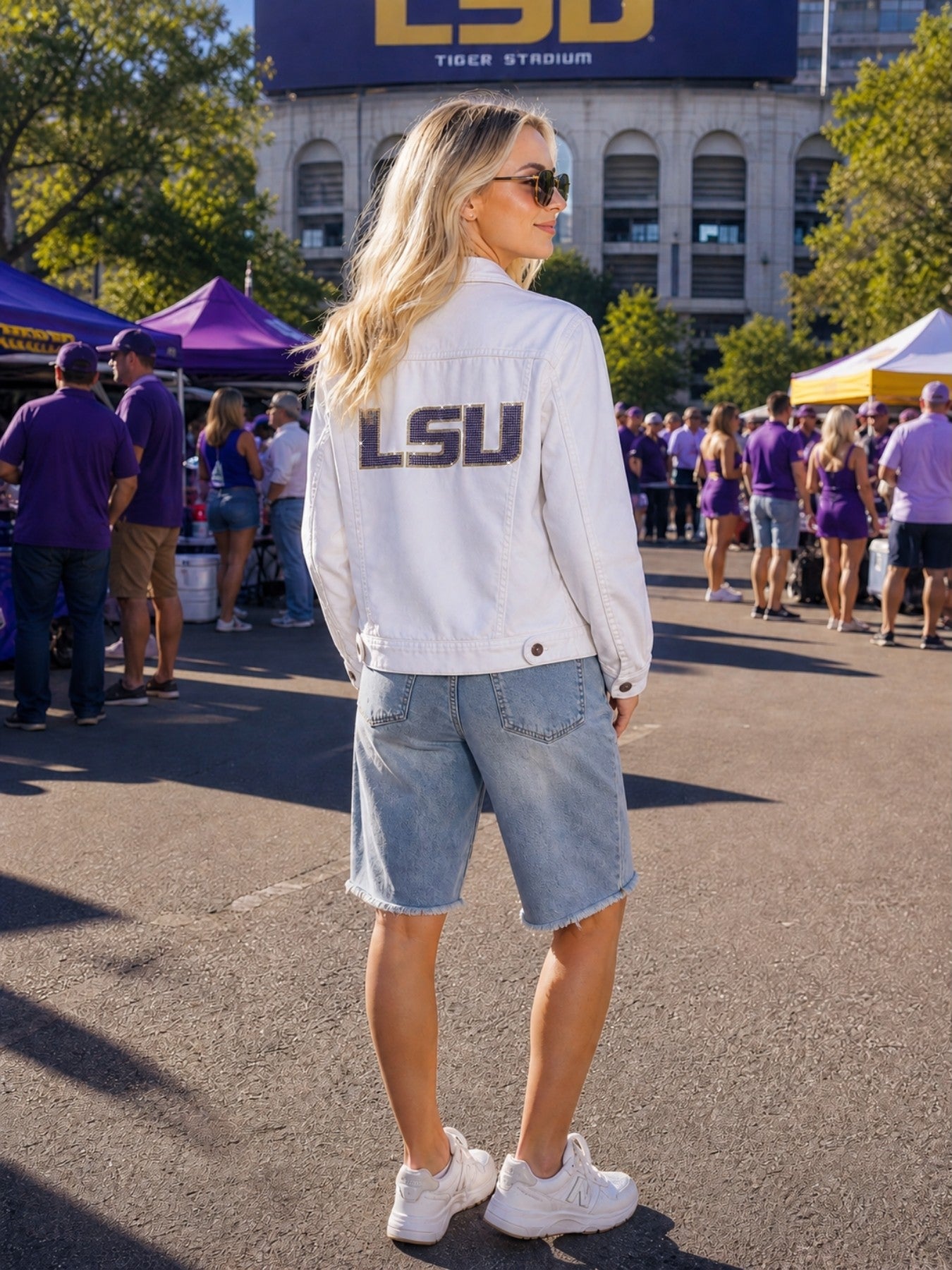 LSU Crystal Block Letters White Denim Jacket