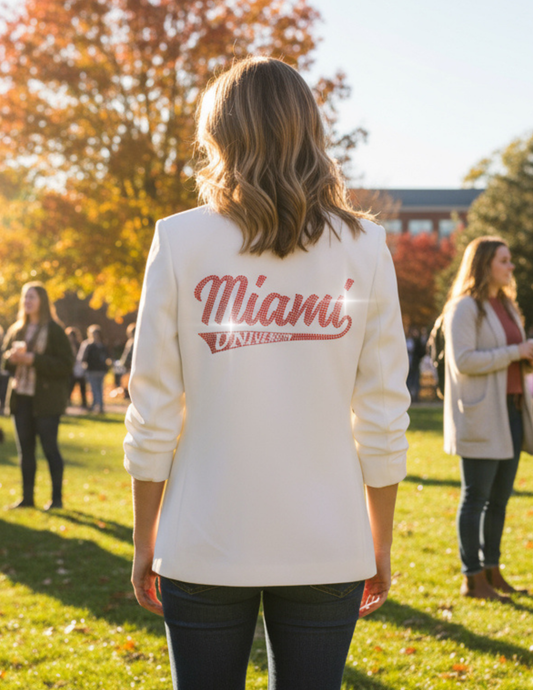 Game Day Blazer, White Ruched, Miami of Ohio Script