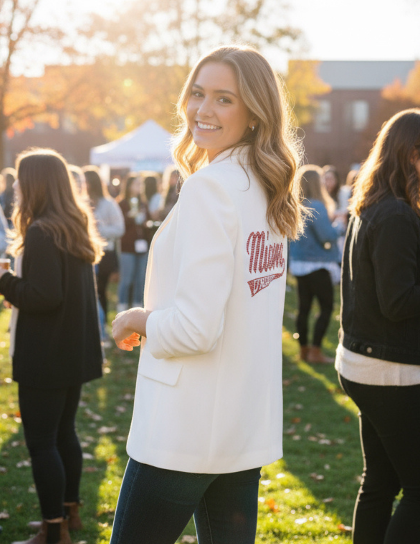 Game Day Blazer, White Ruched, Miami of Ohio Script