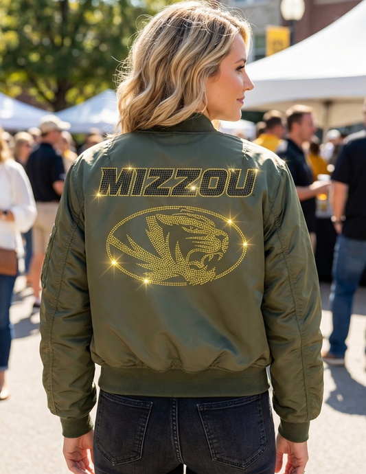 University of Missouri, Mizzou Gold Tiger Army Green Bomber Jacket