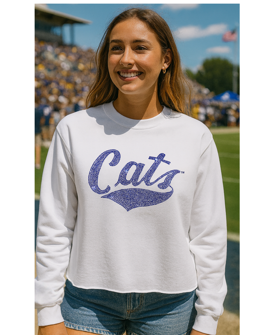 Montana State Cats Rhinestone Script White Crewneck Sweatshirt