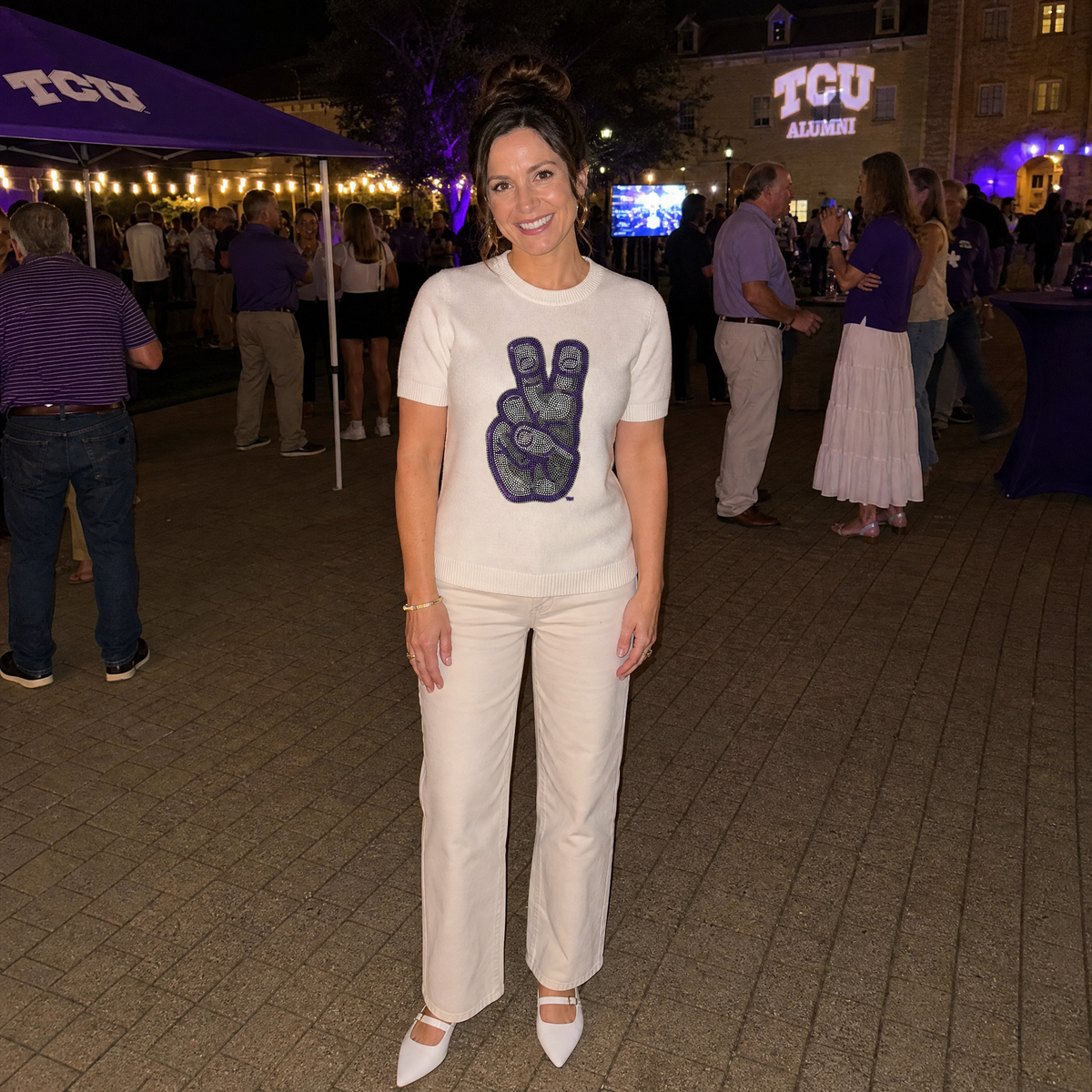TCU Frog Horns Hand Sign Logo Ivory Short Sleeve Sweater