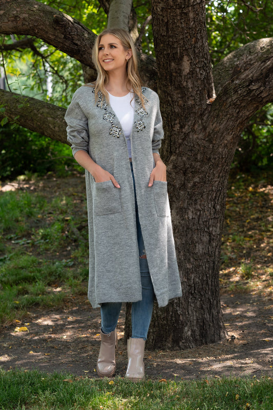 Sweater, Cardigan Long Gray, Jewel Medallions