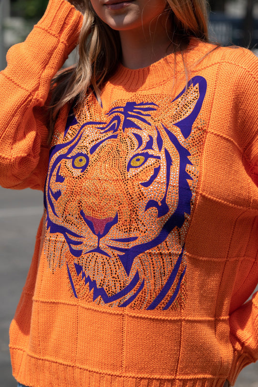 Sweater, Diamond Stitch Orange, Purple Tiger Face