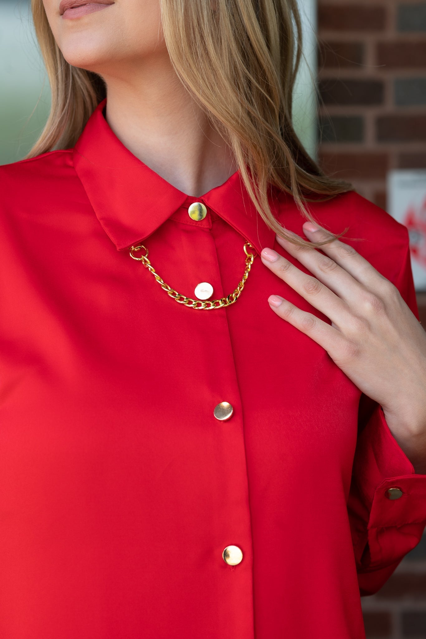 Shirt, Silky Red, Gold Chain/Buttons