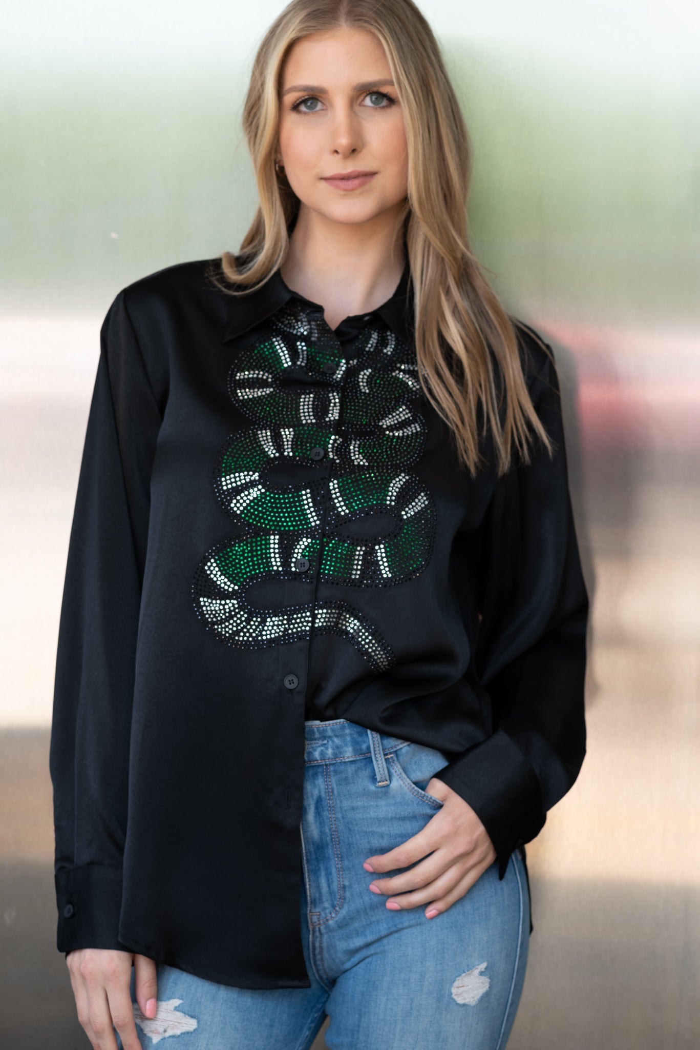 Shirt, Silky Black, Green Crystal Snake on front