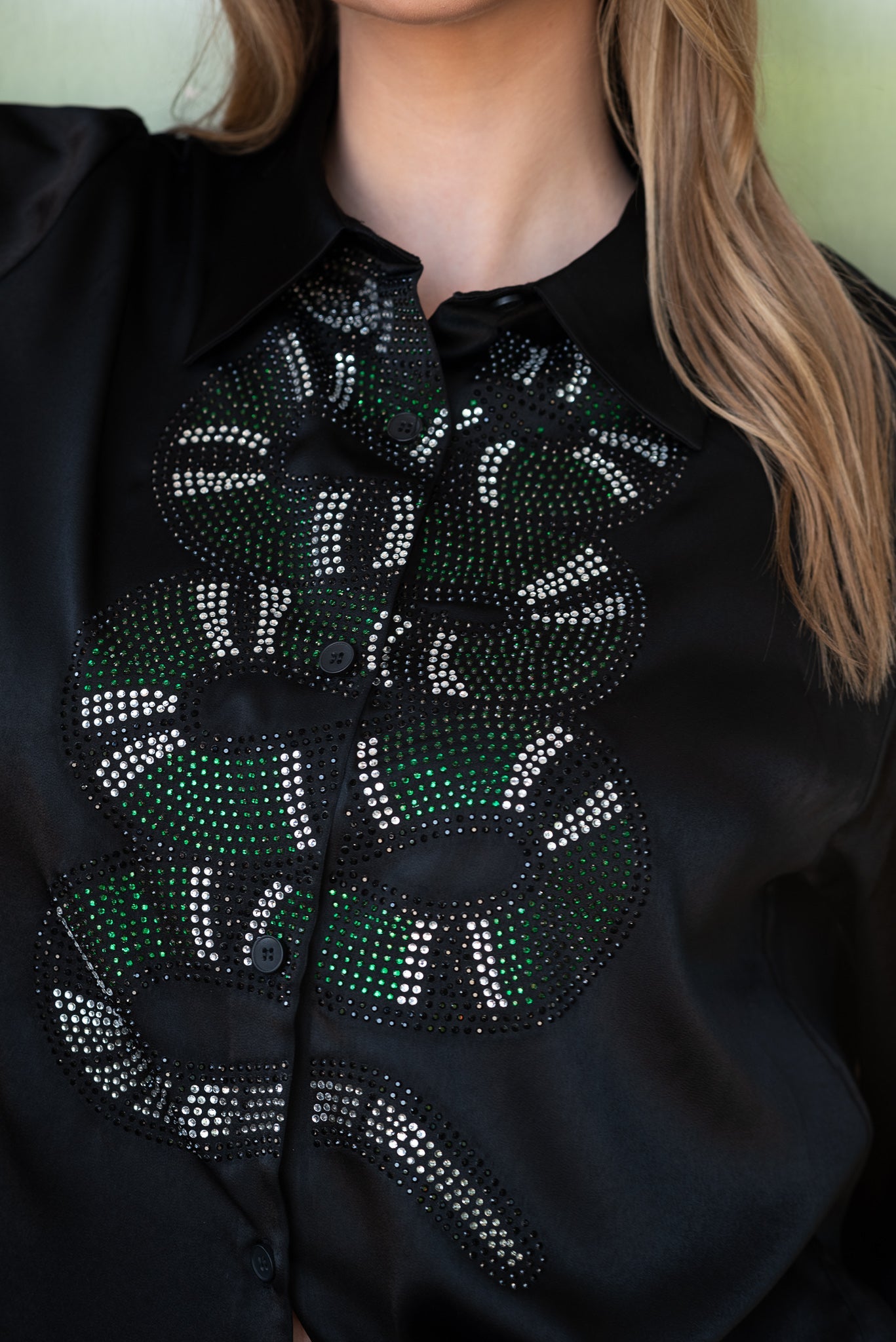 Shirt, Silky Black, Green Crystal Snake on front