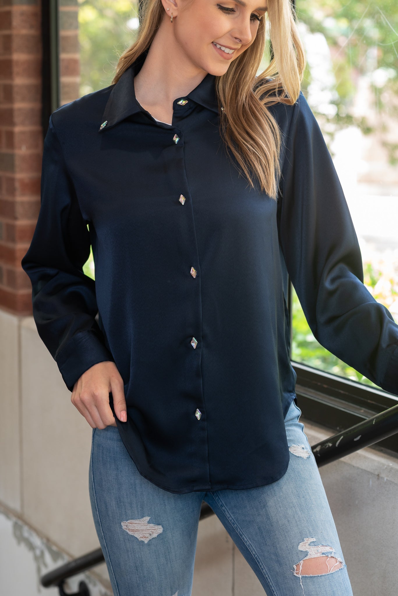 Shirt, Silky Midnight Blue, Iridescent Diamonds