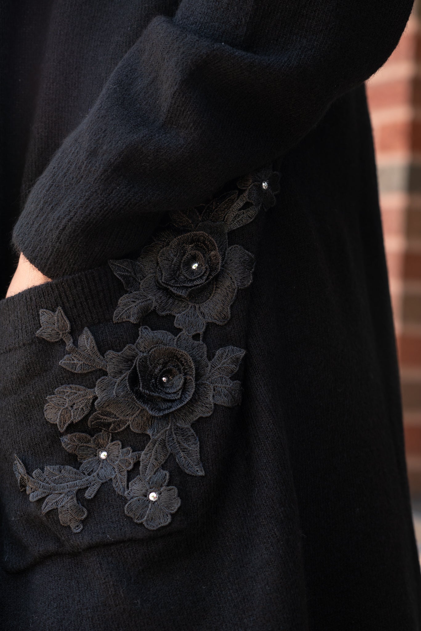 Sweater, Cardigan Long Black, Lace Flowers