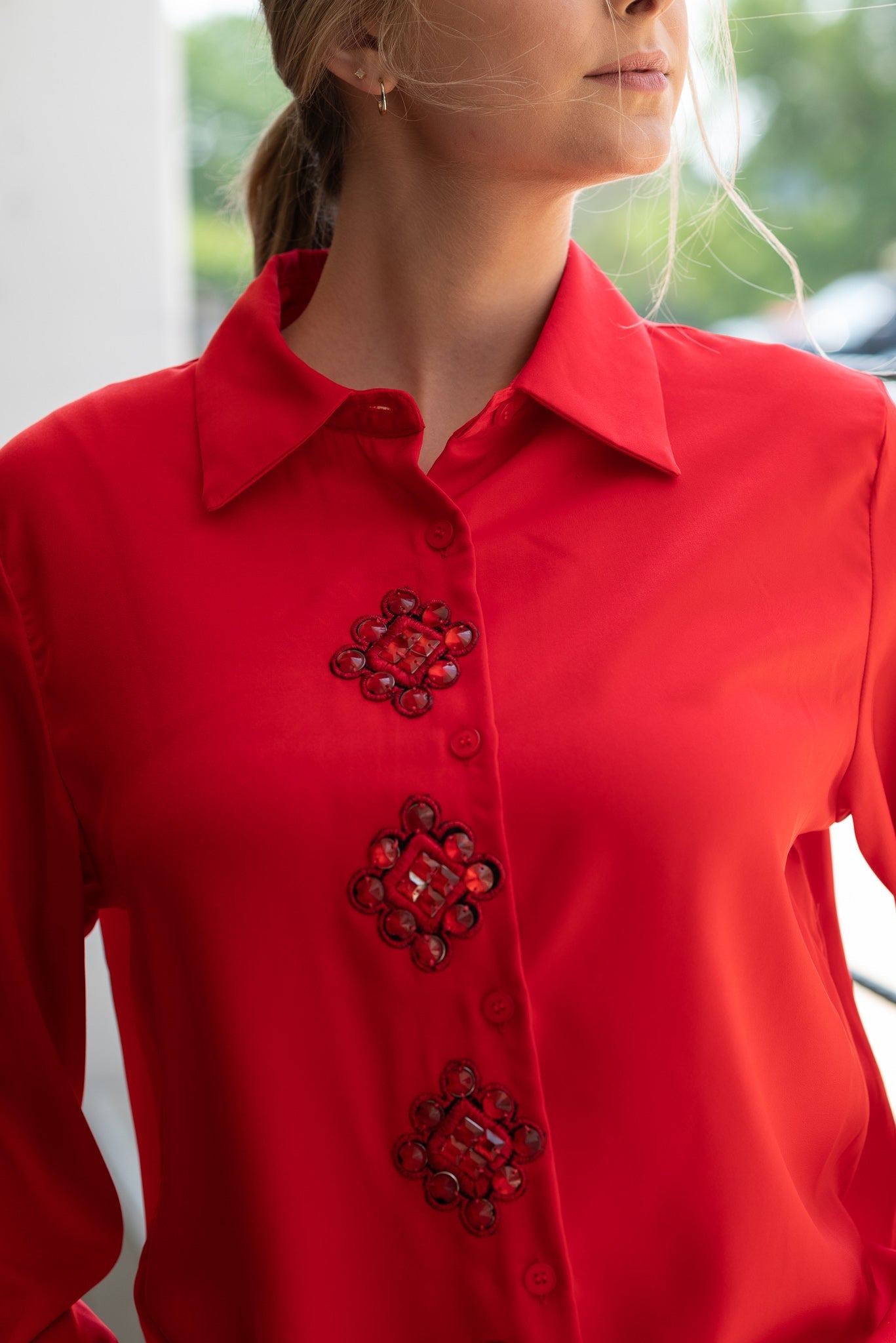 Shirt, Silky Red, Jewel Medallions