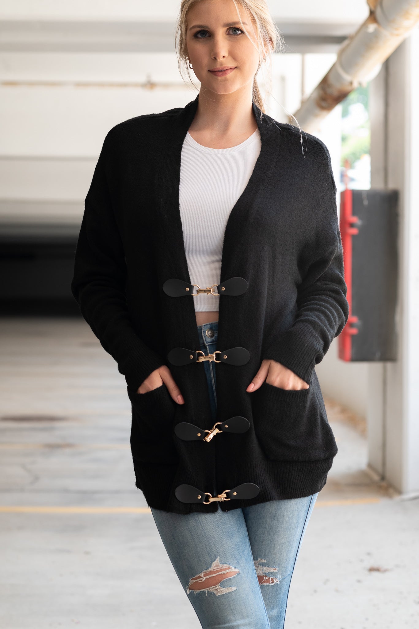 Sweater, Cardigan Oversized Black, Leather Buckles