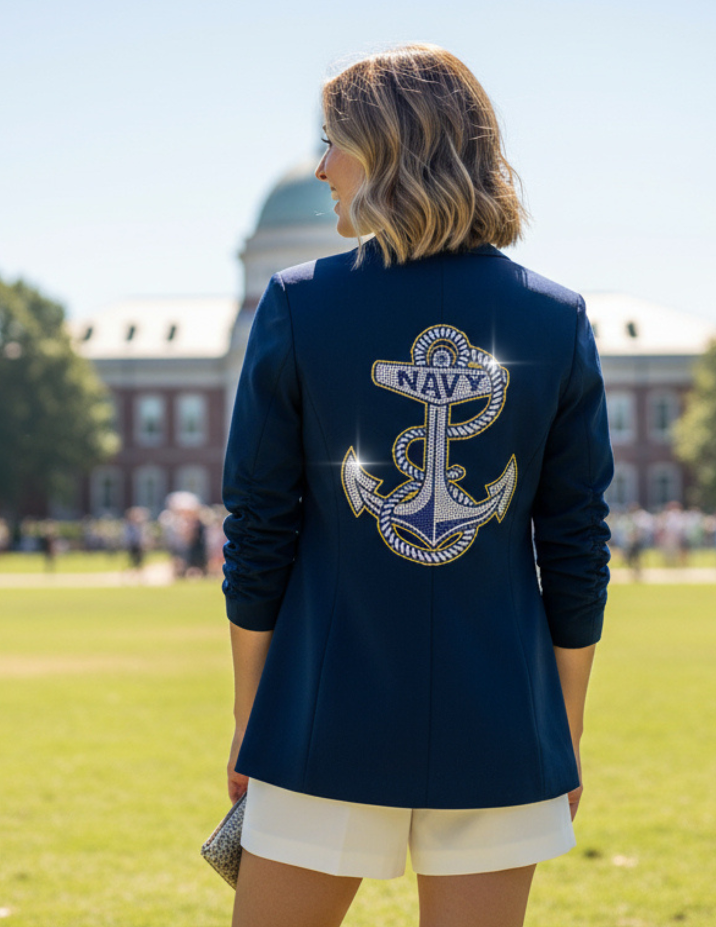 Naval Academy Anchor Navy Ruched Sleeve Blazer